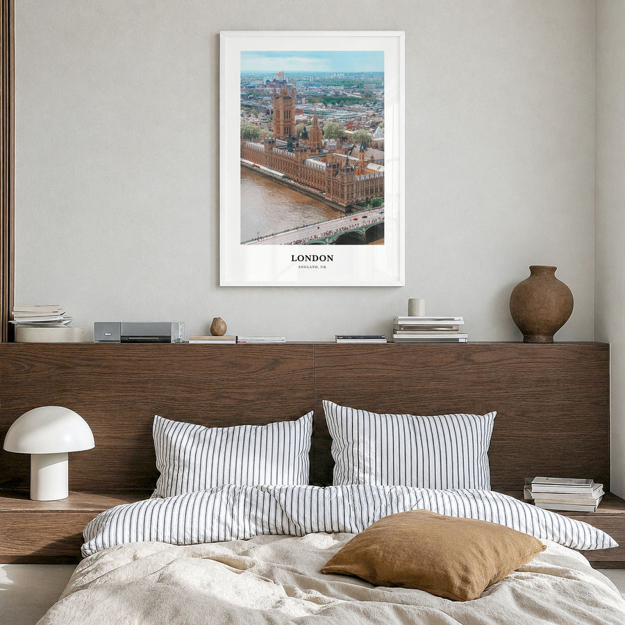 London Classic No 3 Poster in a white wood frame, hanging in a bedroom