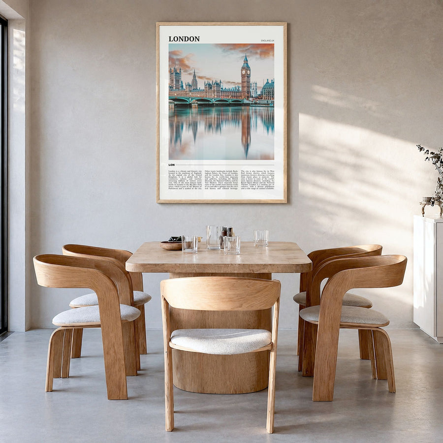 London Travel No 1 Poster in a natural wood frame, hanging in a dining room