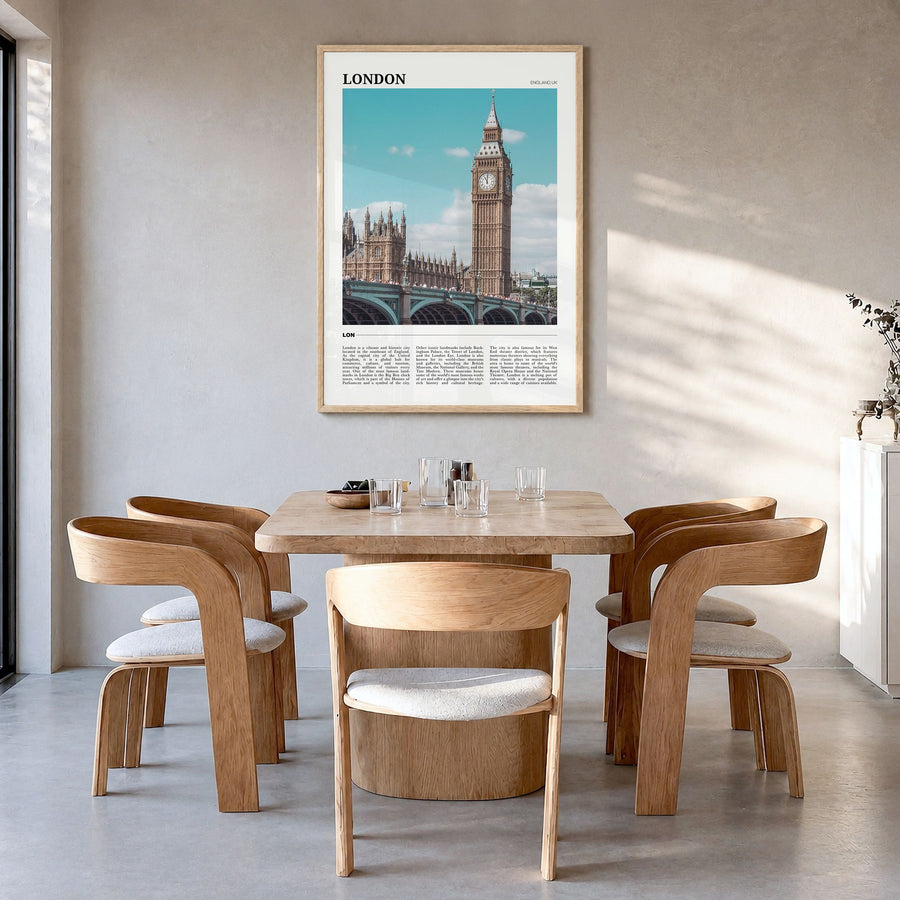London Travel No 2 Poster in a natural wood frame, hanging in a dining room