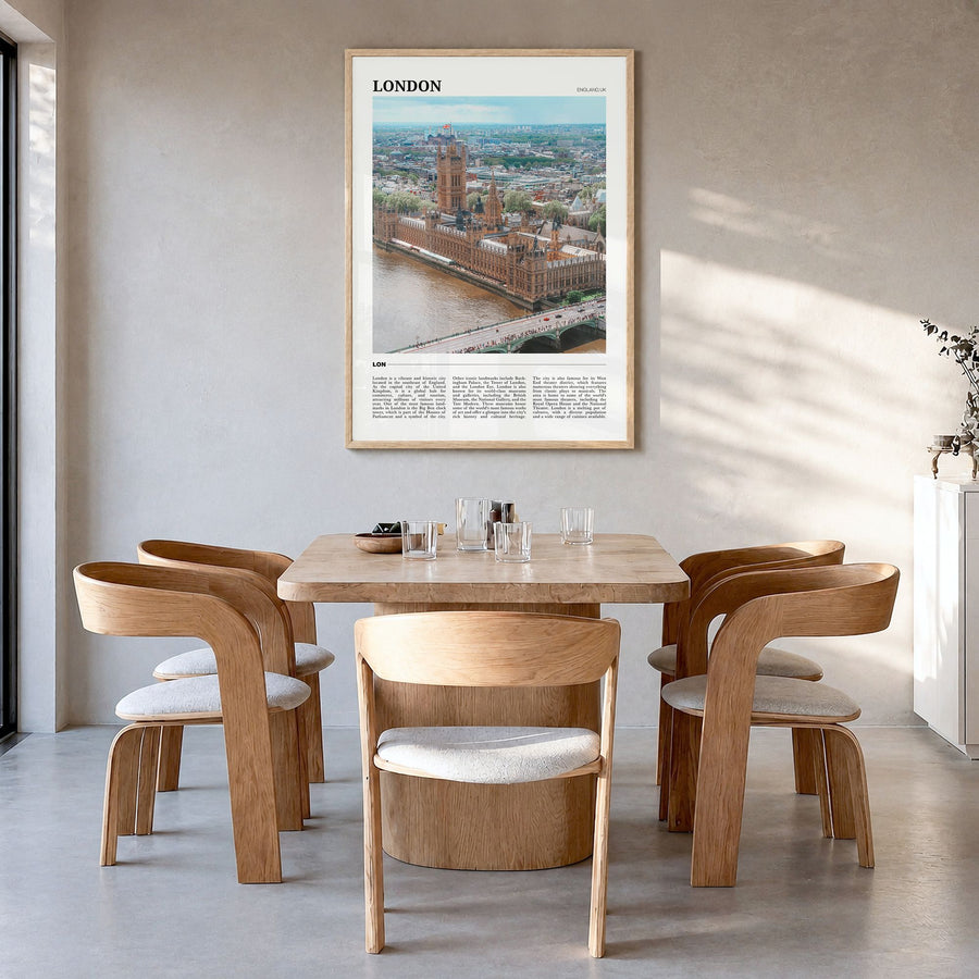London Travel No 3 Poster in a natural wood frame, hanging in a dining room