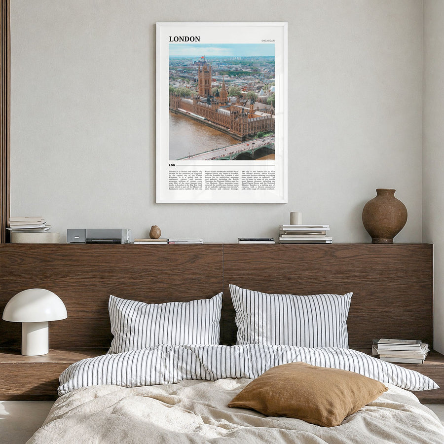 London Travel No 3 Poster in a white wood frame, hanging in a bedroom