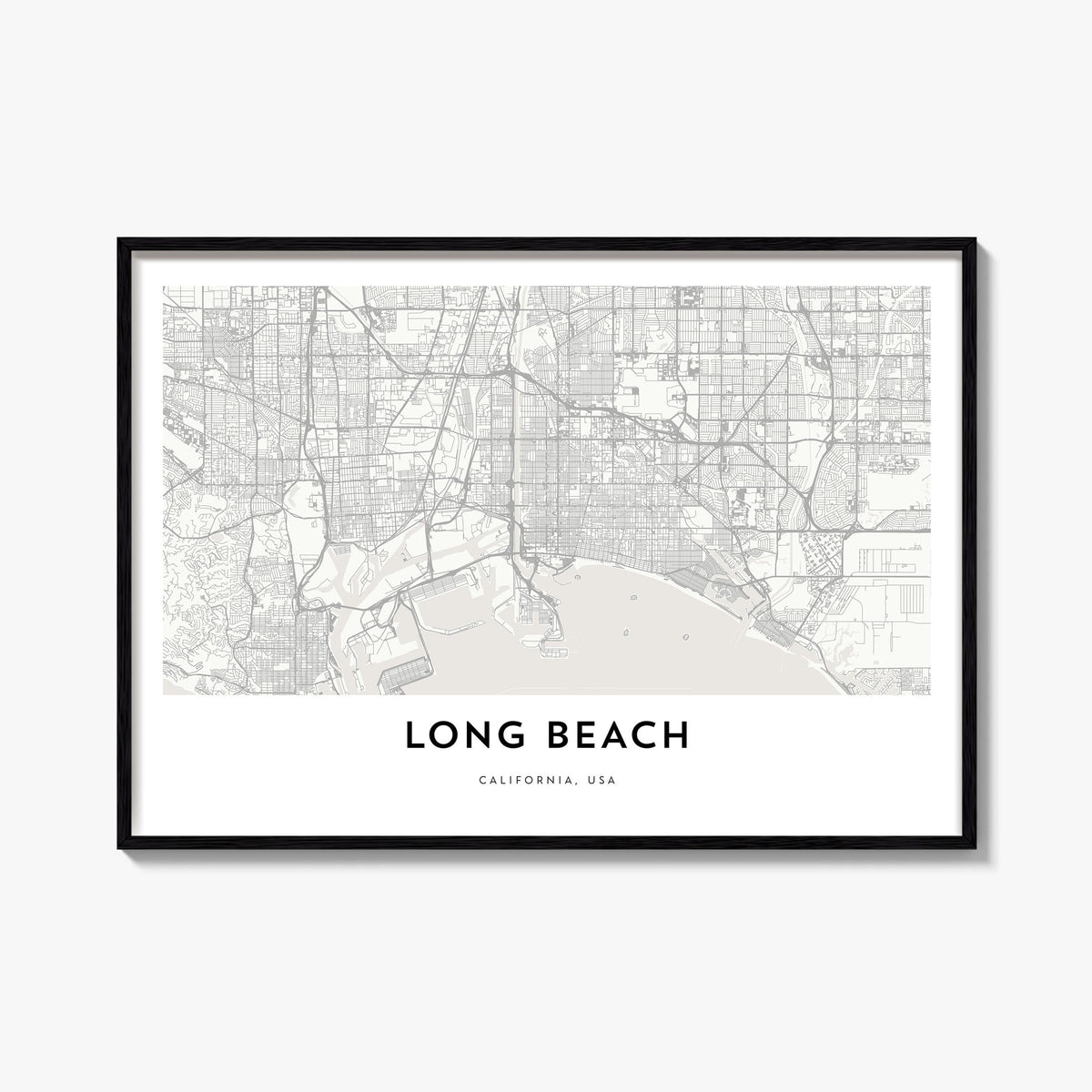 Long Beach black & white map poster of California, USA – horizontal wall art, unframed print shown in interior mockup