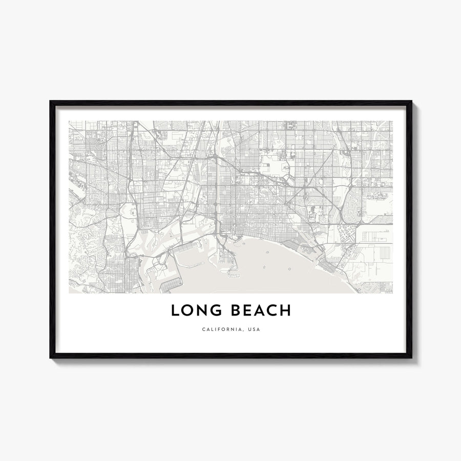 Long Beach black & white map poster of California, USA – horizontal wall art, unframed print shown in interior mockup