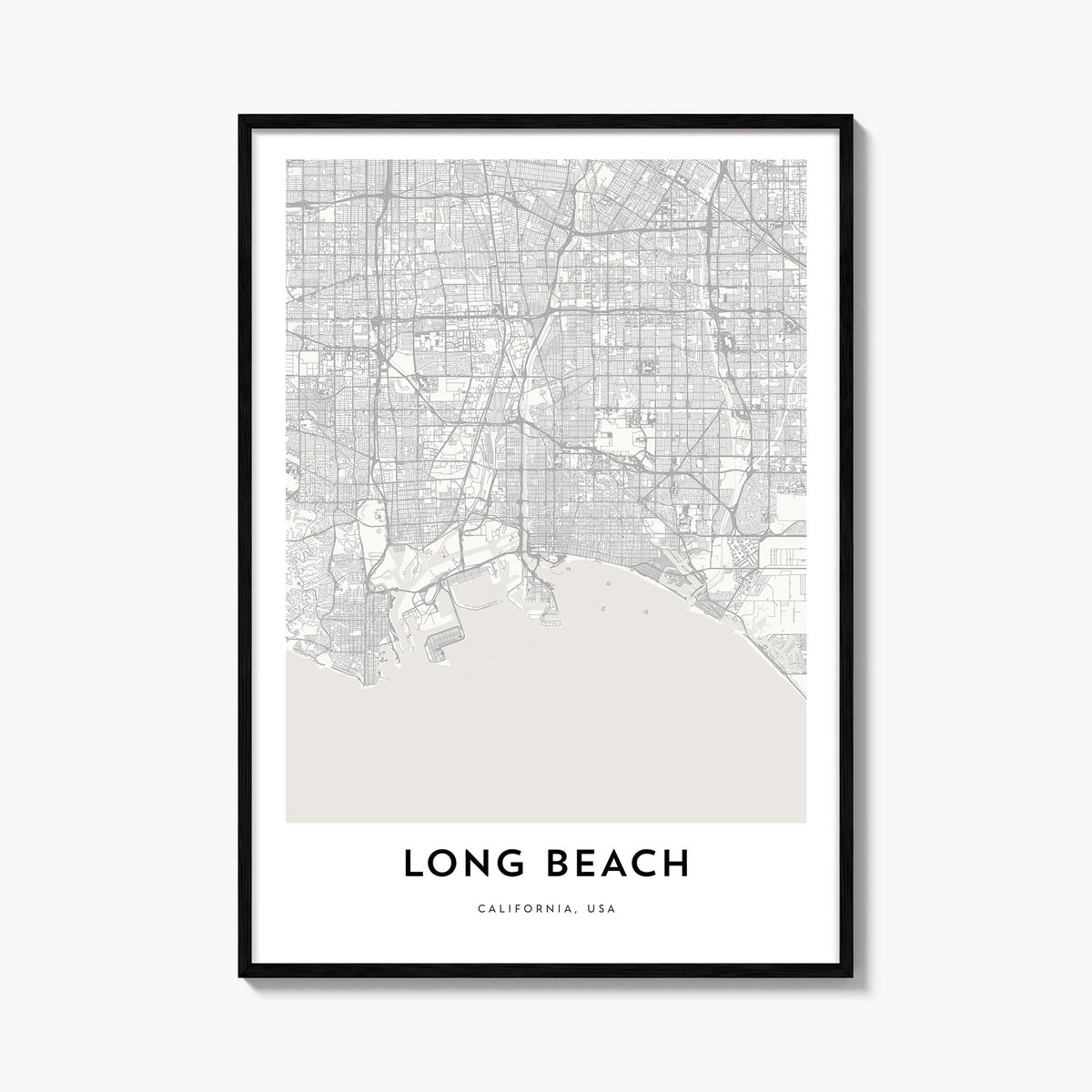 Long Beach black & white map poster of California, USA – vertical wall art, unframed print shown in interior mockup