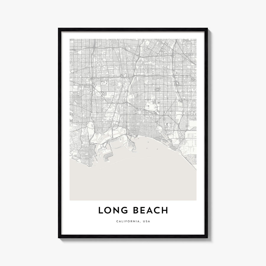 Long Beach black & white map poster of California, USA – vertical wall art, unframed print shown in interior mockup