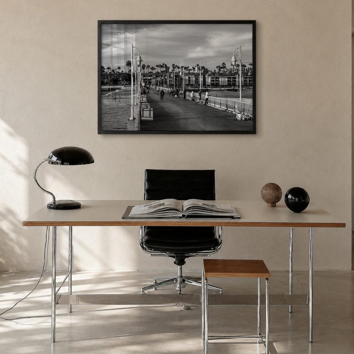 Long Beach black & white photo poster of California, USA – horizontal wall art in black wood frame, hanging on wall