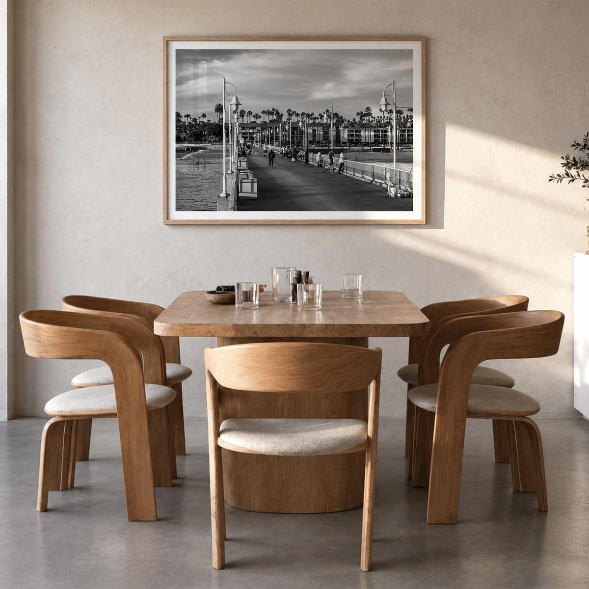 Long Beach black & white photo poster of California, USA – horizontal wall art in natural wood frame with white border, hangi