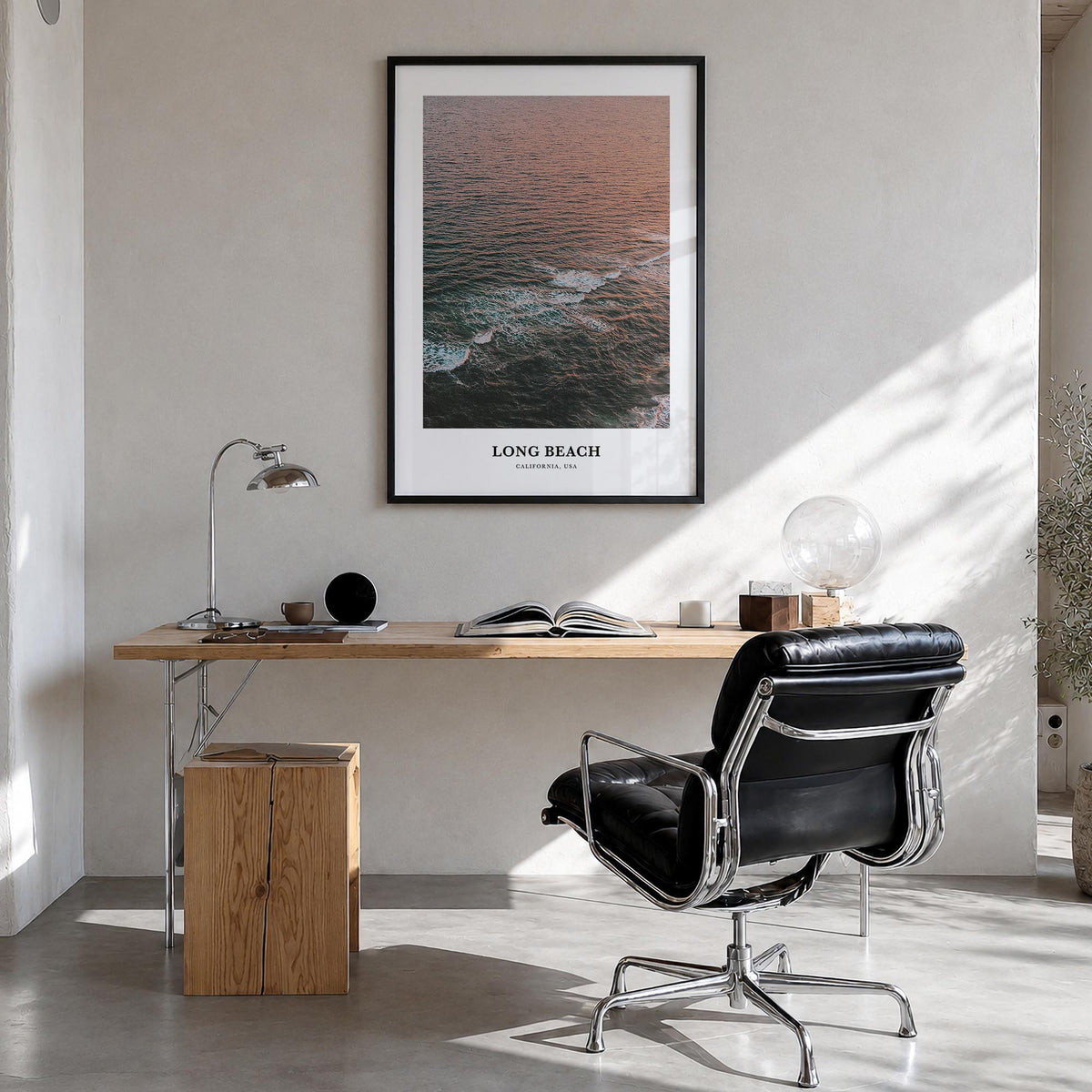 Long Beach colorful classic poster of California, USA – vertical wall art in black wood frame, hanging on wall