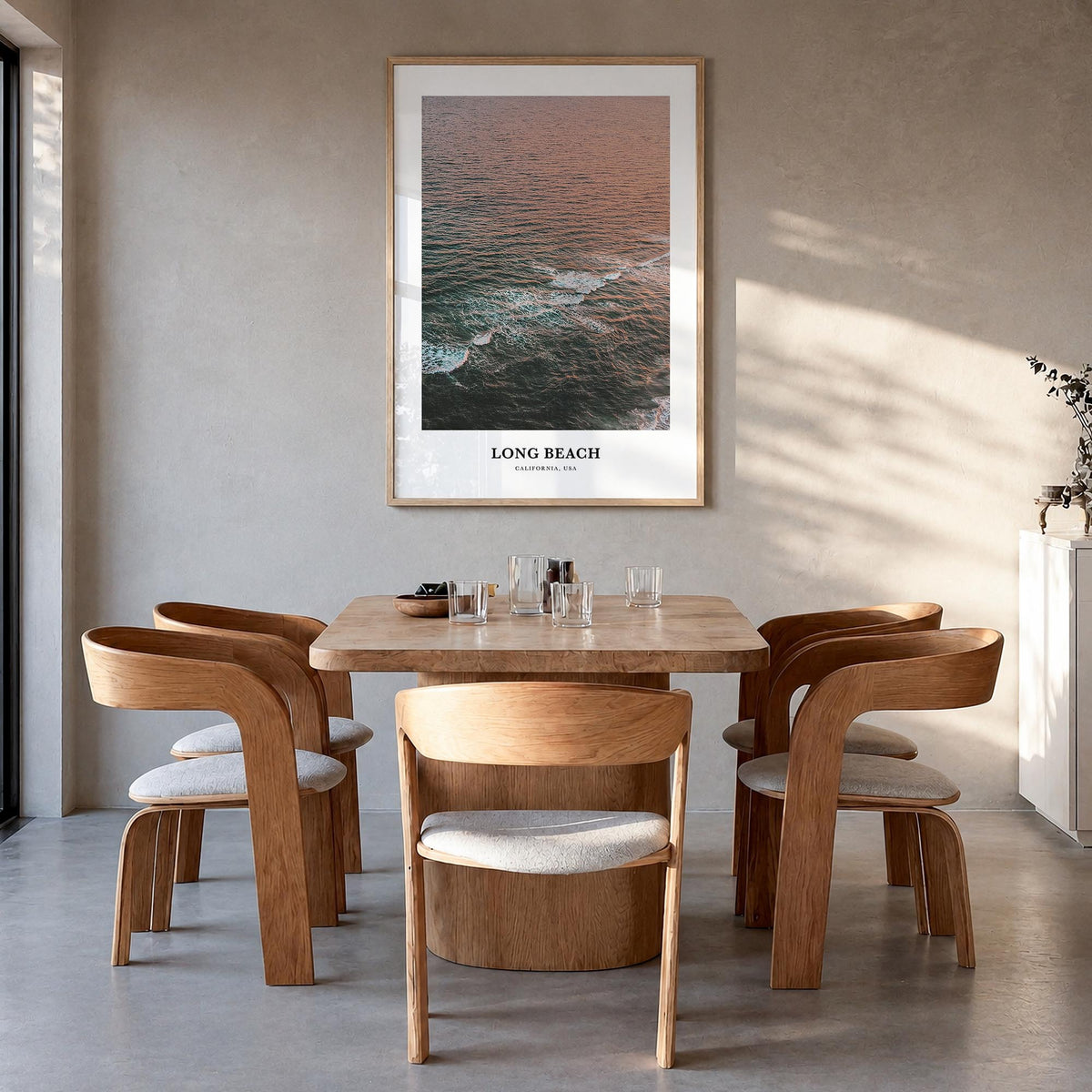 Long Beach colorful classic poster of California, USA – vertical wall art in natural wood frame, hanging on wall