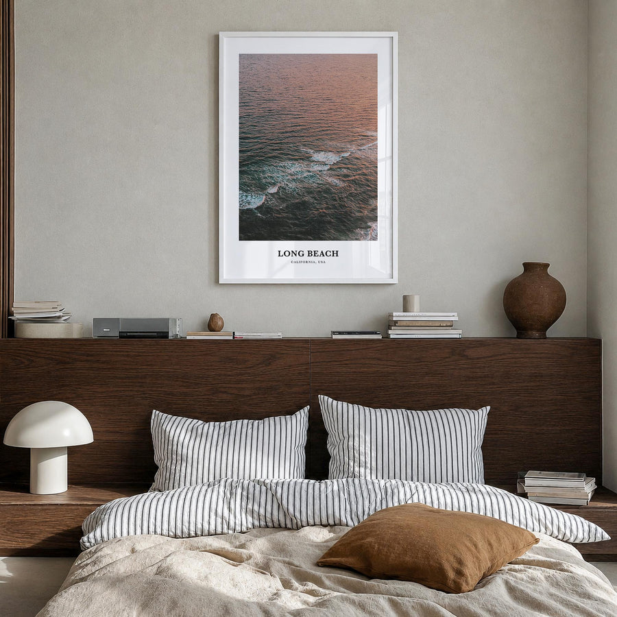Long Beach colorful classic poster of California, USA – vertical wall art in white wood frame, hanging on wall