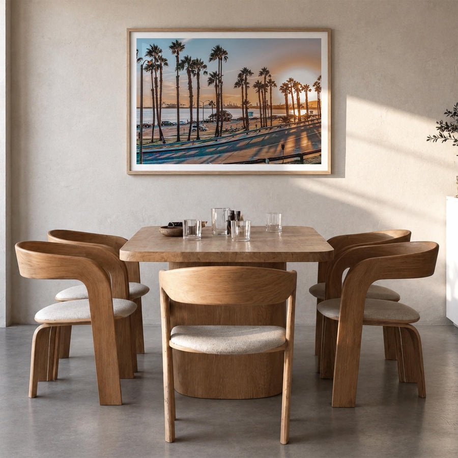 Long Beach colorful photo poster of California, USA – horizontal wall art in natural wood frame with white border, hanging on