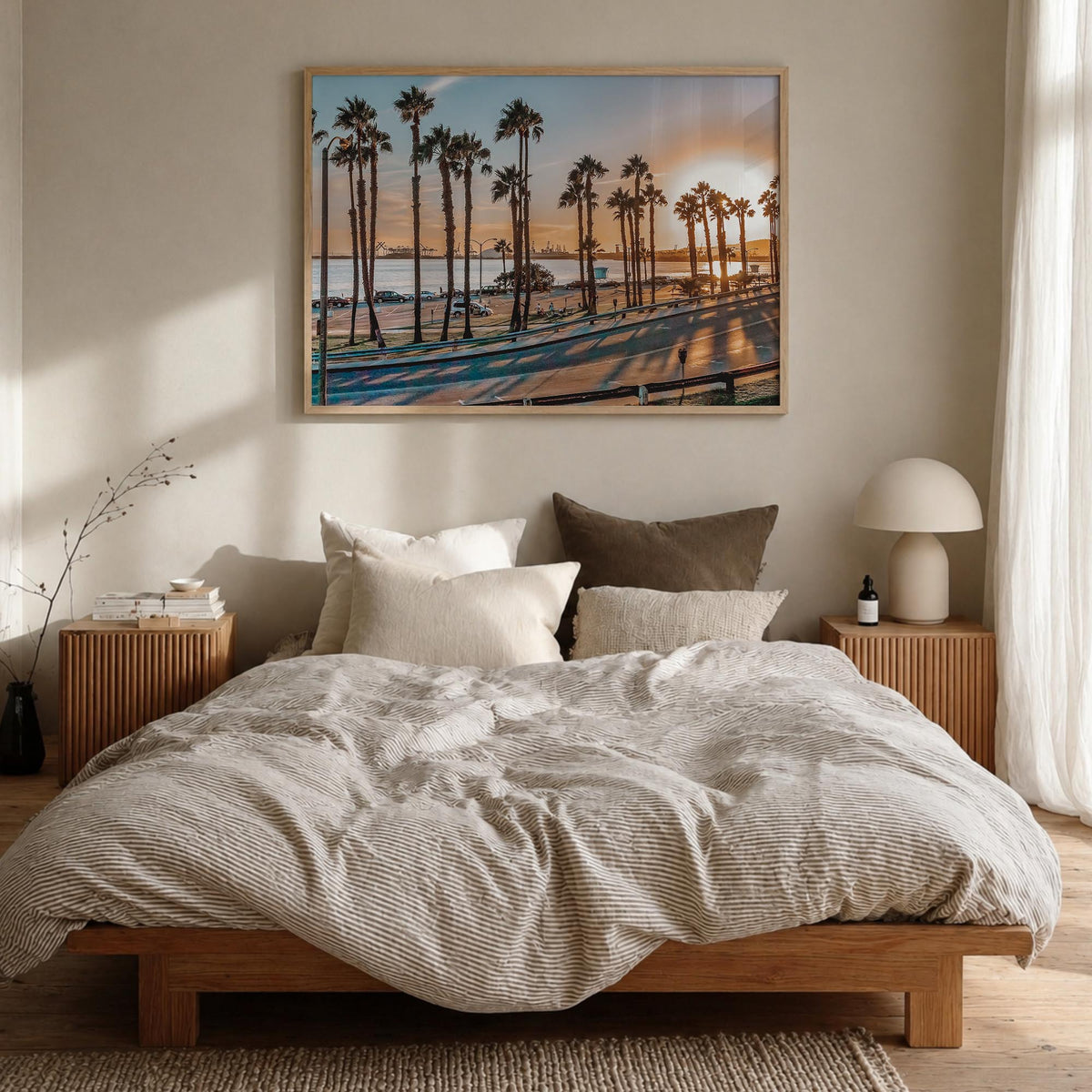 Long Beach colorful photo poster of California, USA – horizontal wall art in natural wood frame, hanging on wall