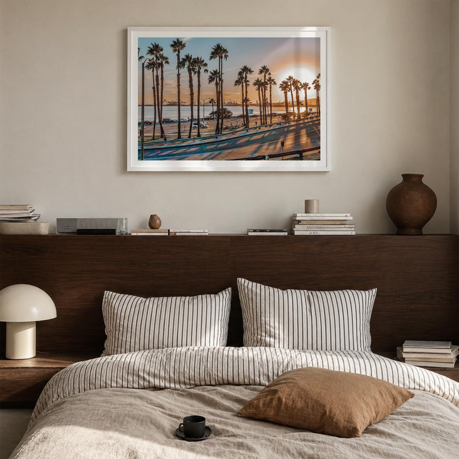 Long Beach colorful photo poster of California, USA – horizontal wall art in white wood frame with white border, hanging on w