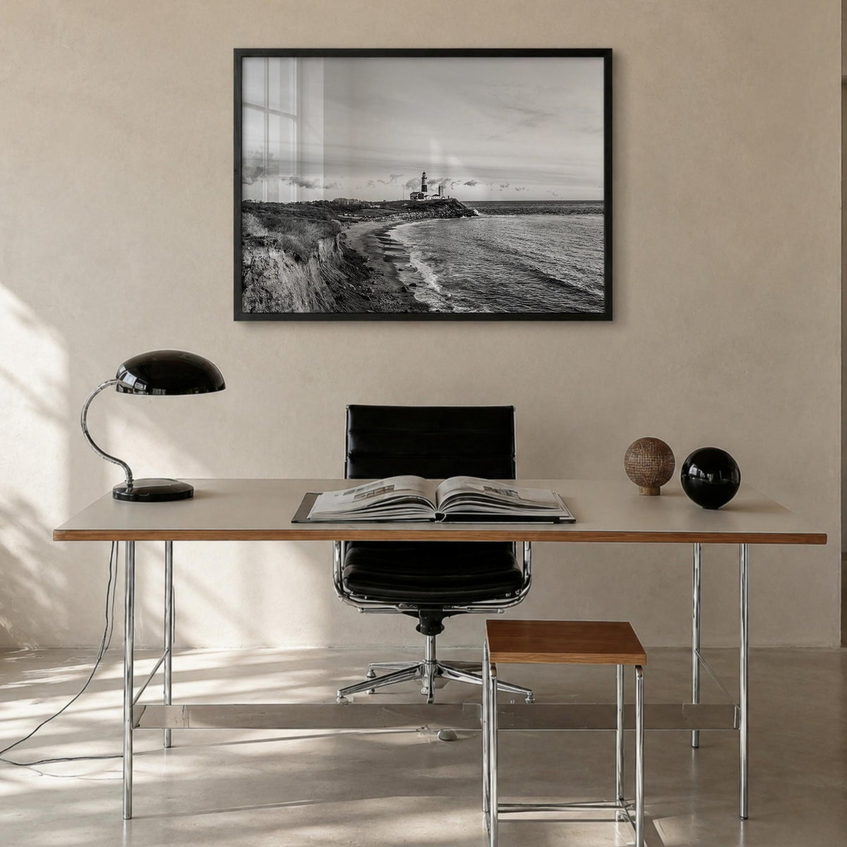 Long Beach Island black & white photo poster of New Jersey, USA – horizontal wall art in black wood frame, hanging on wall