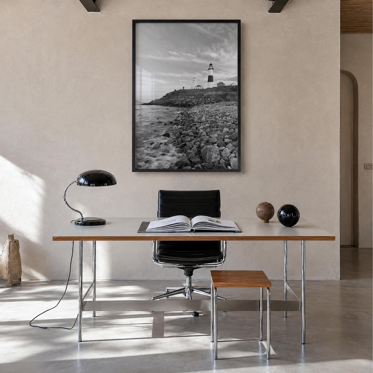 Long Beach Island black & white photo poster of New Jersey, USA – vertical wall art in black wood frame, hanging on wall