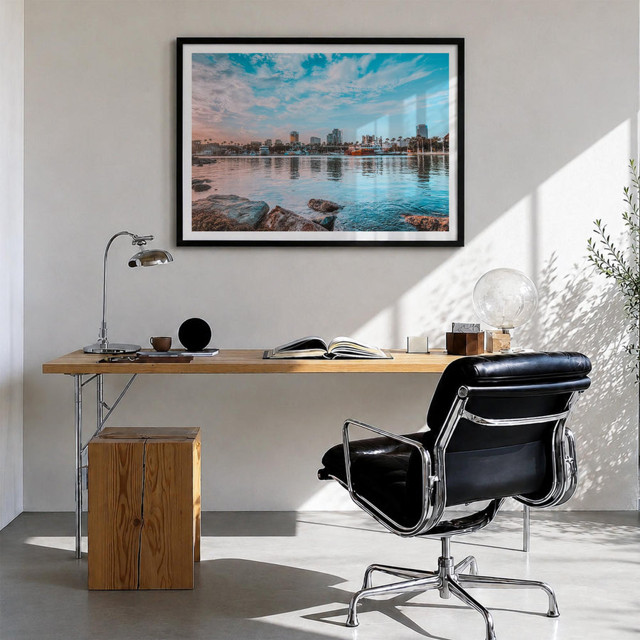 Long Beach Island colorful photo poster of New Jersey, USA – horizontal wall art in black wood frame with white border, hangi