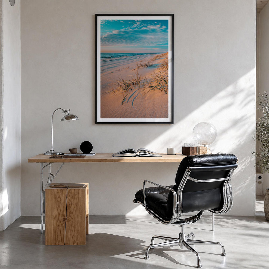 Long Beach Island colorful photo poster of New Jersey, USA – vertical wall art in black wood frame with white border, hanging