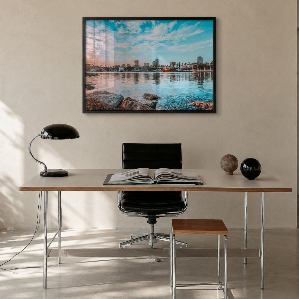 Long Beach Island colorful photo poster of New Jersey, USA – horizontal wall art in black wood frame, hanging on wall