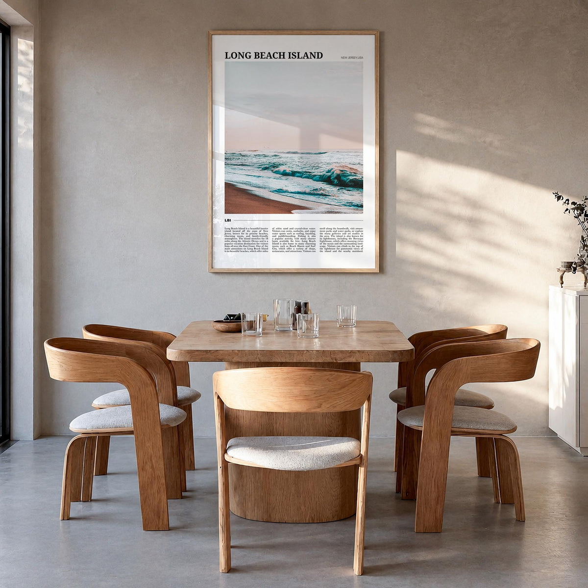 Long Beach Island no. 1 colorful travel poster of New Jersey, USA – vertical wall art in natural wood frame, hanging on wall