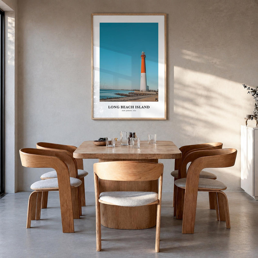 Long Beach Island no. 2 colorful classic poster of New Jersey, USA – vertical wall art in natural wood frame, hanging on wall