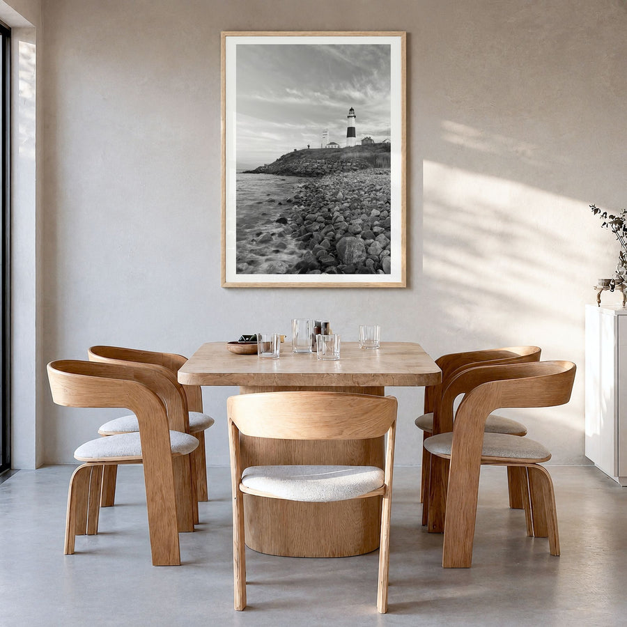 Long Beach Island Photo Poster in a natural wood frame, hanging in a dining room, white border