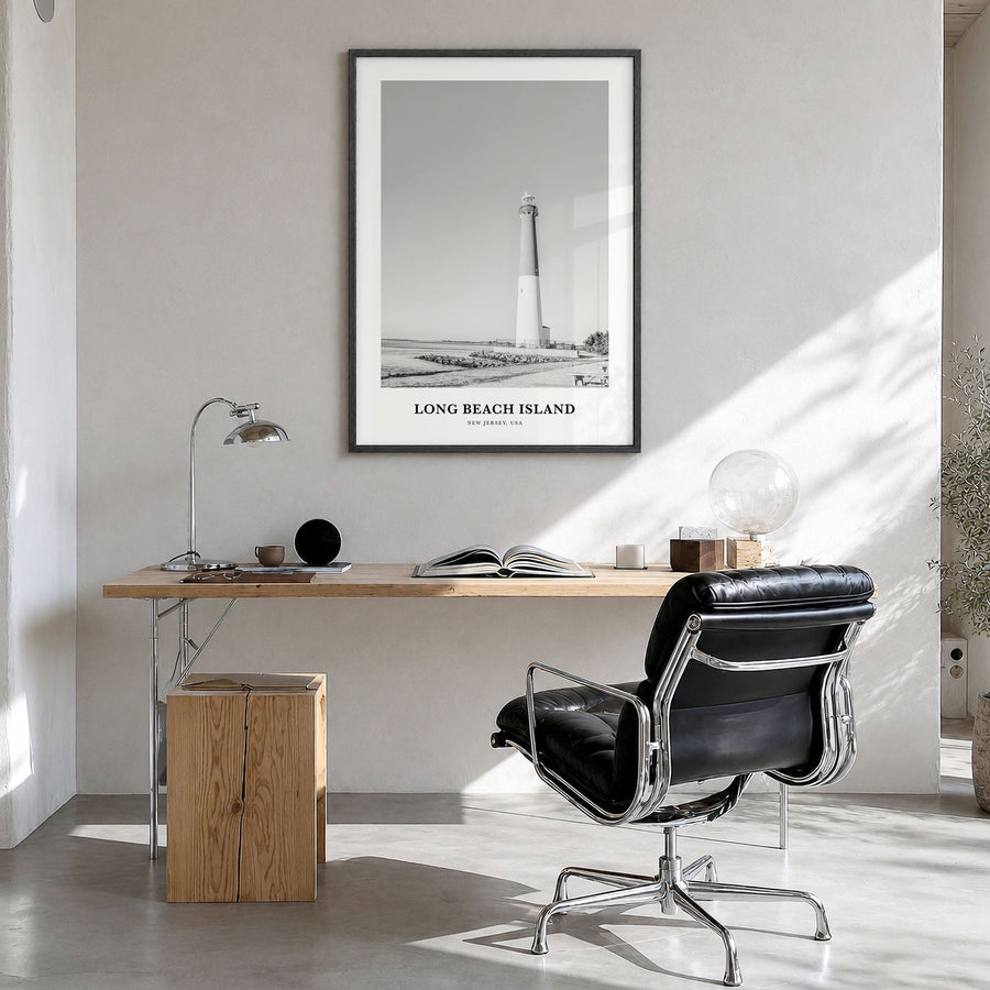 Long Beach Island Classic Poster in a black wood frame, hanging in a bright home office