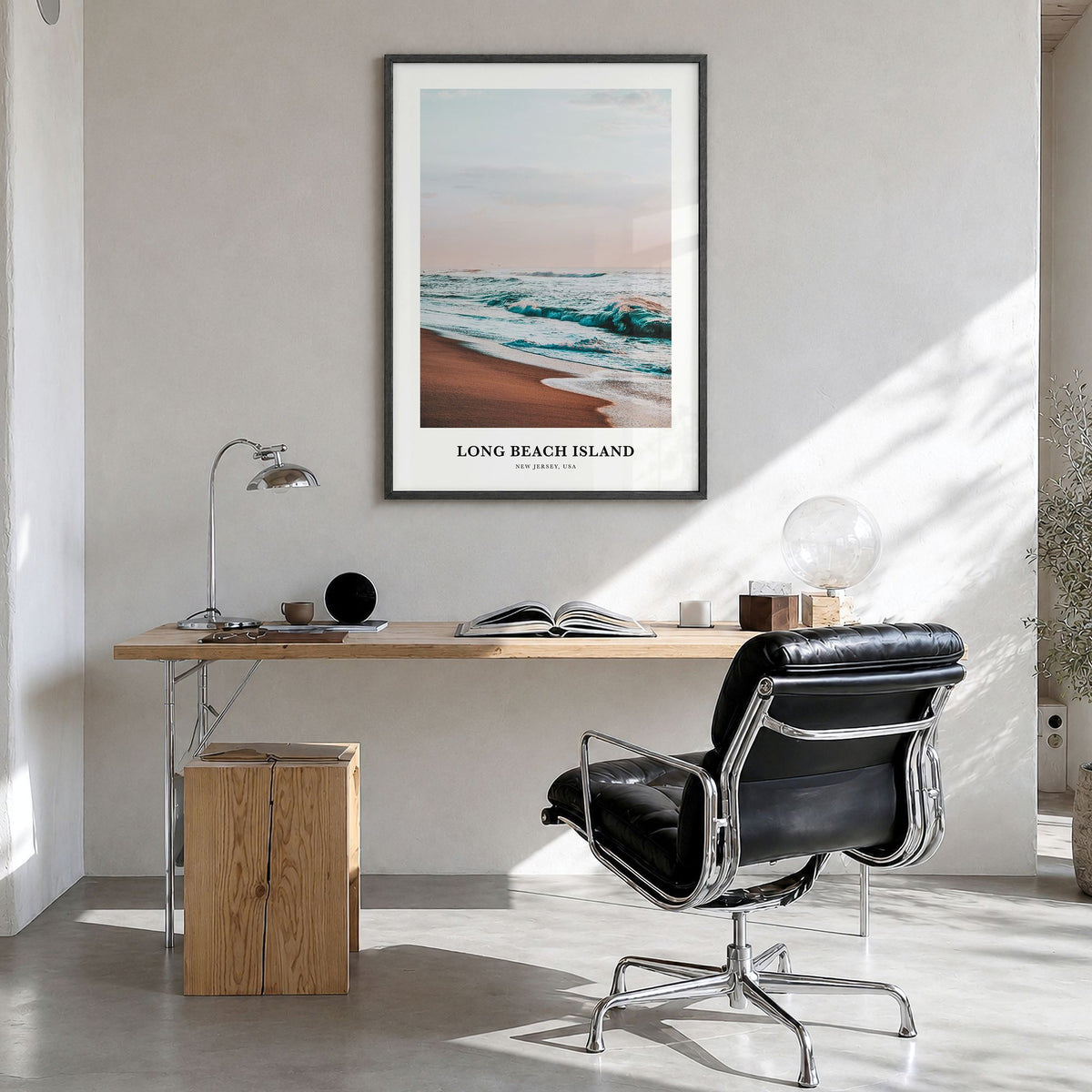 Long Beach Island Classic No 1 Poster in a black wood frame, hanging in a bright home office