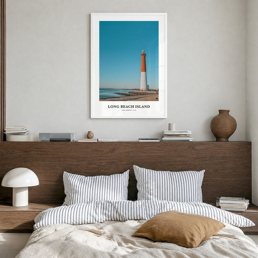 Long Beach Island Classic No 2 Poster in a white wood frame, hanging in a bedroom