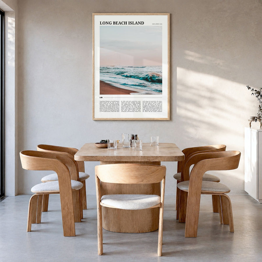 Long Beach Island Travel No 1 Poster in a natural wood frame, hanging in a dining room