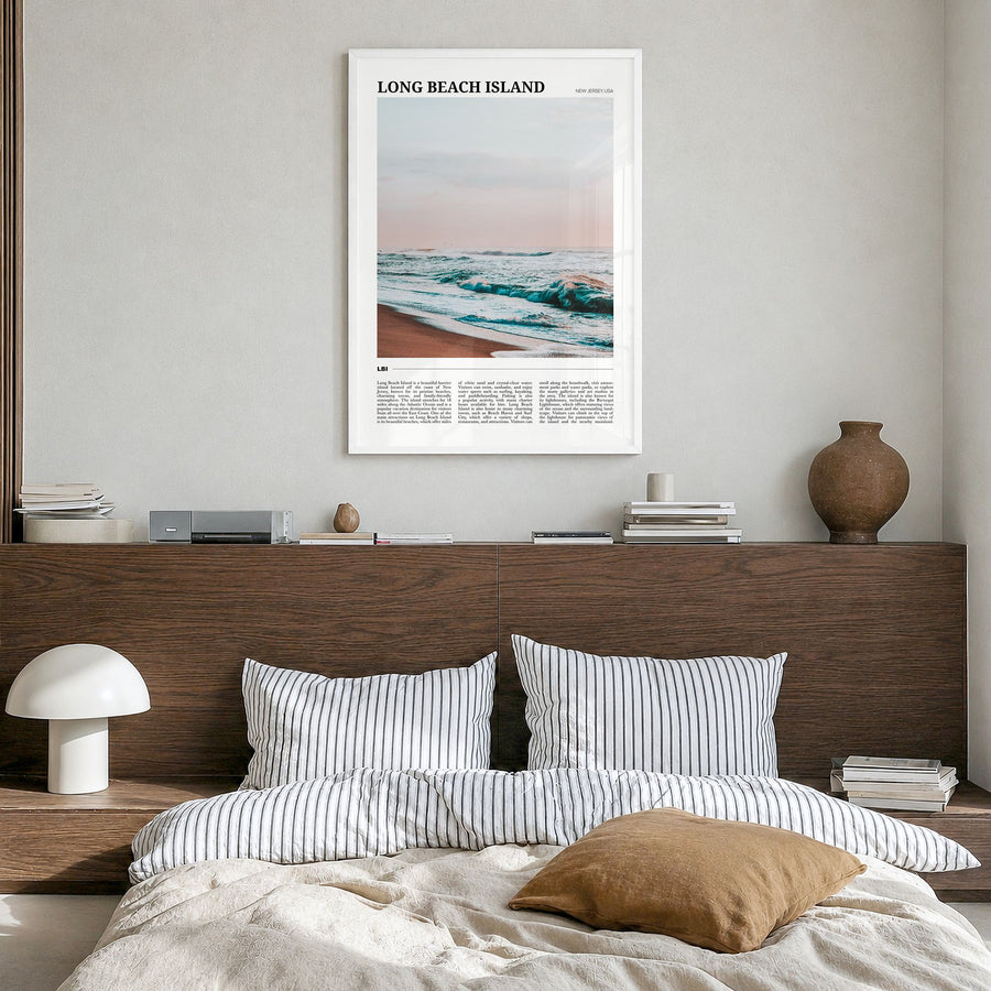 Long Beach Island Travel No 1 Poster in a white wood frame, hanging in a bedroom
