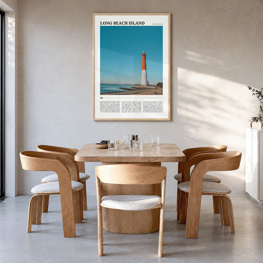 Long Beach Island Travel No 2 Poster in a natural wood frame, hanging in a dining room