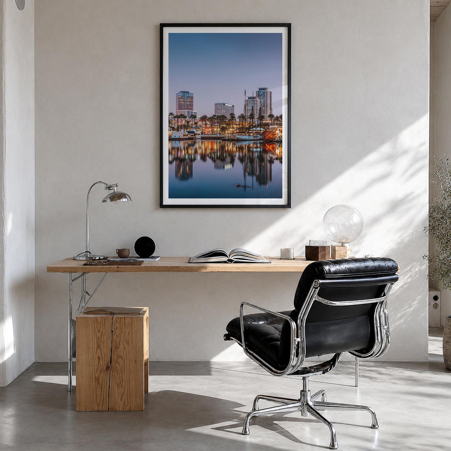 Long Beach no. 1 colorful photo poster of California, USA – vertical wall art in black wood frame with white border, hanging 