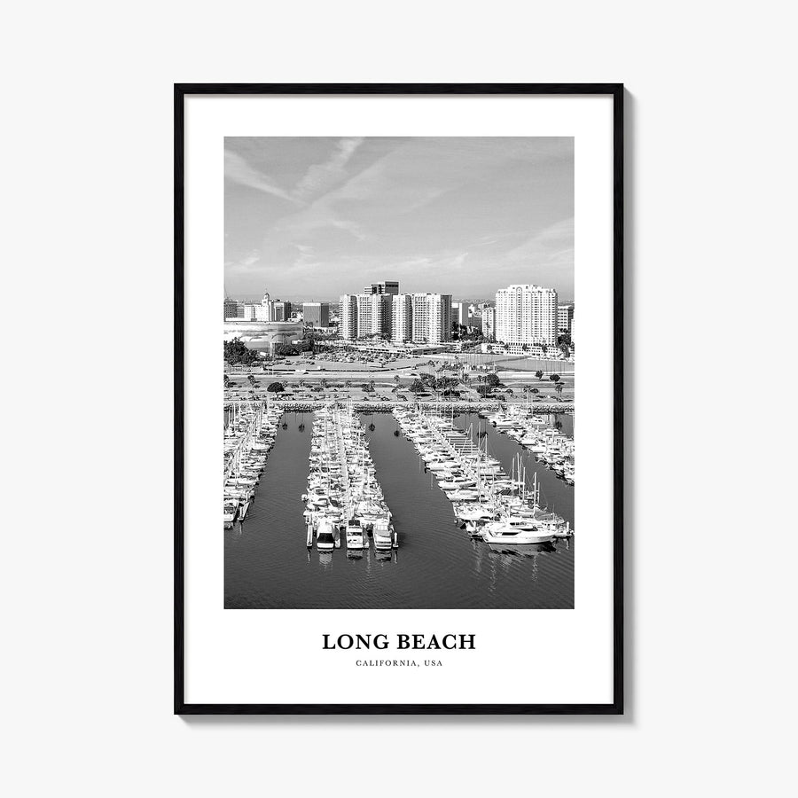 Long Beach no. 2 black & white classic poster of California, USA – vertical wall art, unframed print shown in interior mockup