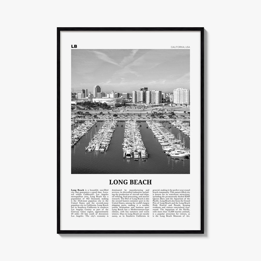 Long Beach no. 2 black & white newspaper poster of California, USA – vertical wall art, unframed print shown in interior mock