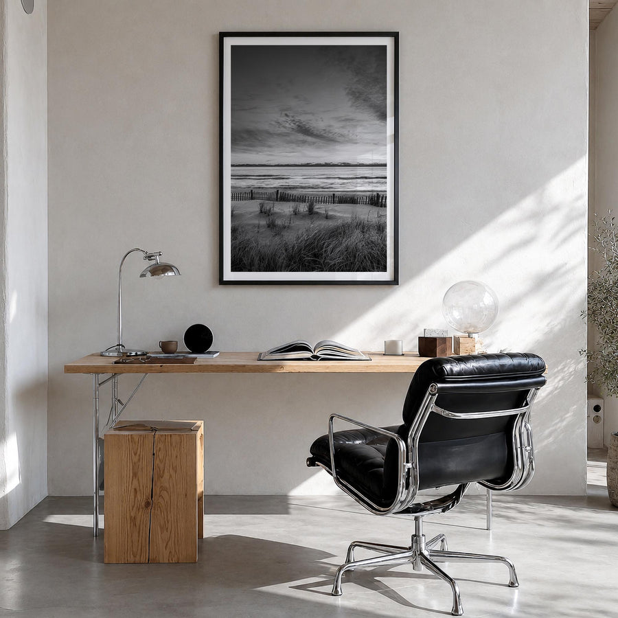 Long Beach no. 2 black & white photo poster of California, USA – vertical wall art in black wood frame with white border, han
