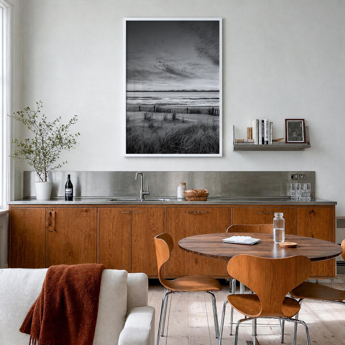 Long Beach no. 2 black & white photo poster of California, USA – vertical wall art in white wood frame, hanging on wall
