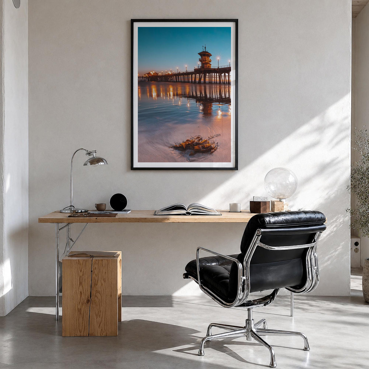 Long Beach no. 2 colorful photo poster of California, USA – vertical wall art in black wood frame with white border, hanging 