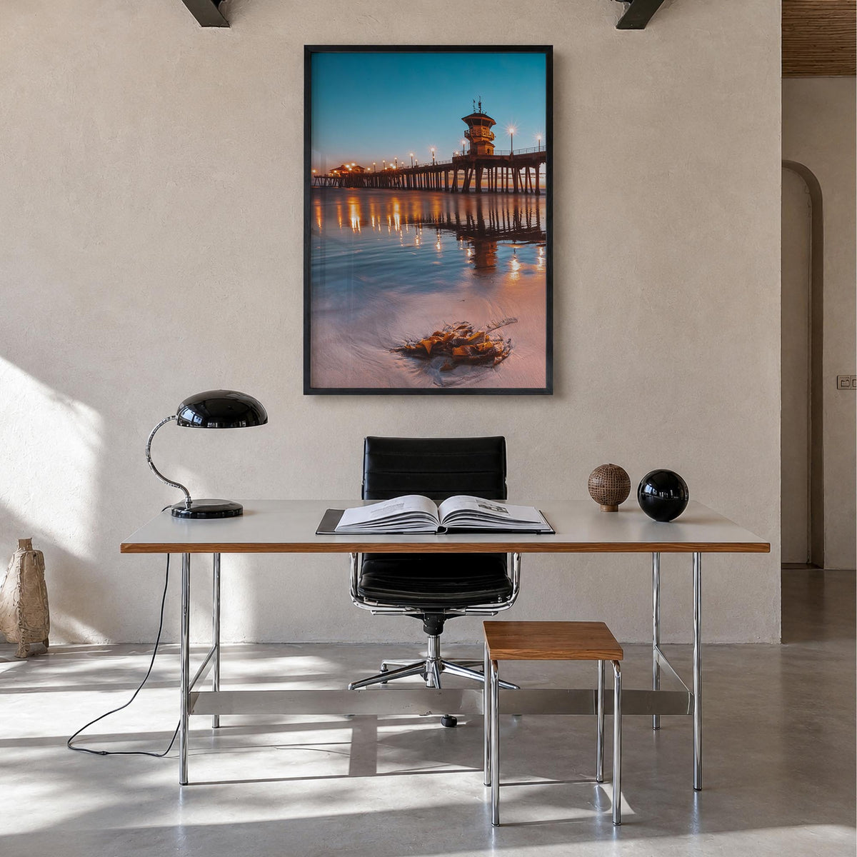 Long Beach no. 2 colorful photo poster of California, USA – vertical wall art in black wood frame, hanging on wall