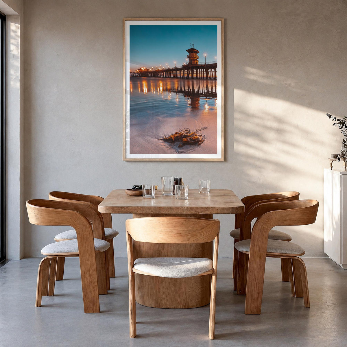 Long Beach no. 2 colorful photo poster of California, USA – vertical wall art in natural wood frame with white border, hangin