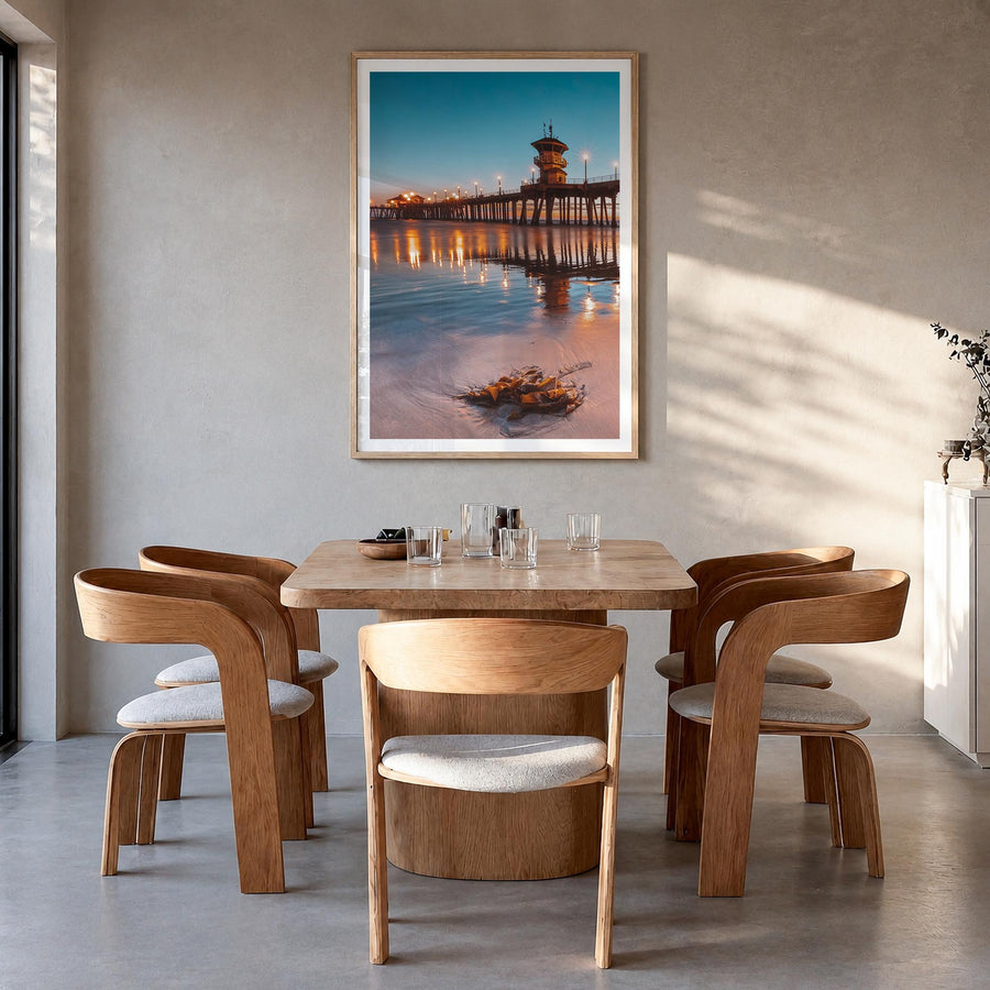 Long Beach no. 2 colorful photo poster of California, USA – vertical wall art in natural wood frame with white border, hangin