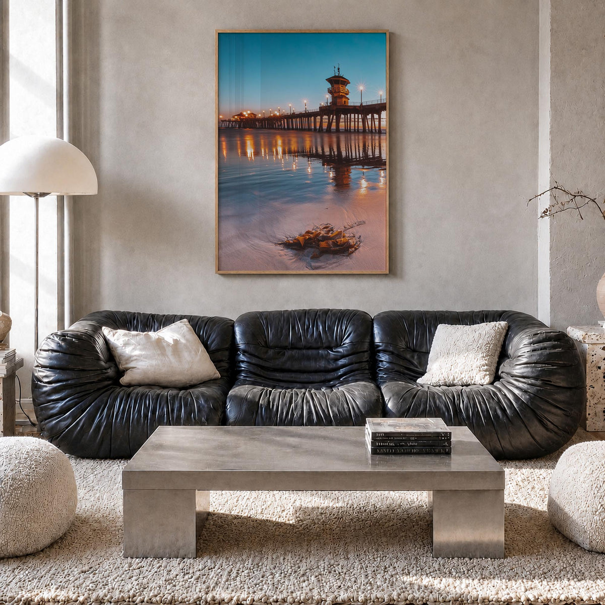 Long Beach no. 2 colorful photo poster of California, USA – vertical wall art in natural wood frame, hanging on wall