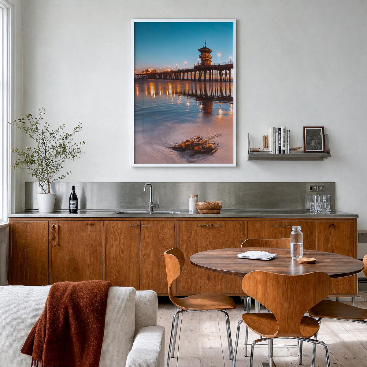 Long Beach no. 2 colorful photo poster of California, USA – vertical wall art in white wood frame, hanging on wall