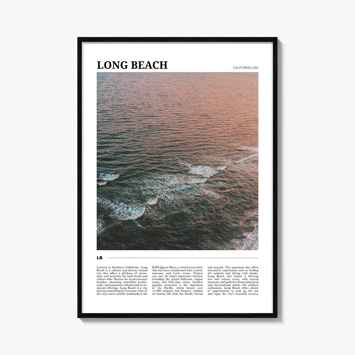 Long Beach no. 2 colorful travel poster of California, USA – vertical wall art, unframed print shown in interior mockup