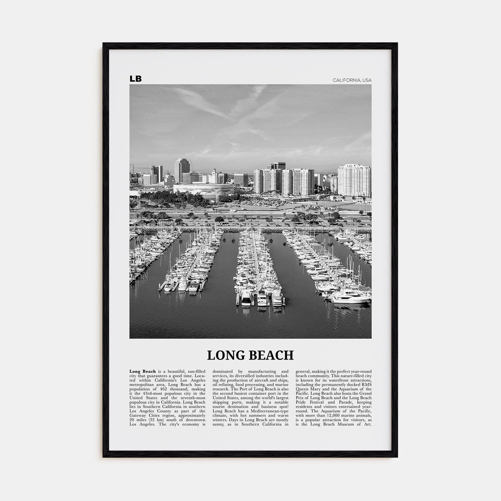 Long Beach No 2 Poster Black Wood / 8x12 in Nbourhood Travel B&W Poster