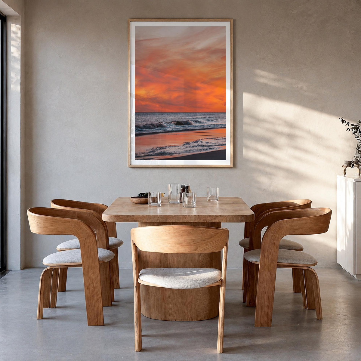 Long Beach no. 3 colorful photo poster of California, USA – vertical wall art in natural wood frame with white border, hangin