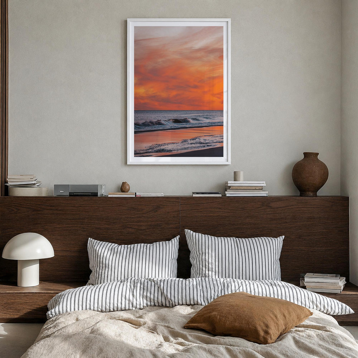 Long Beach no. 3 colorful photo poster of California, USA – vertical wall art in white wood frame with white border, hanging 