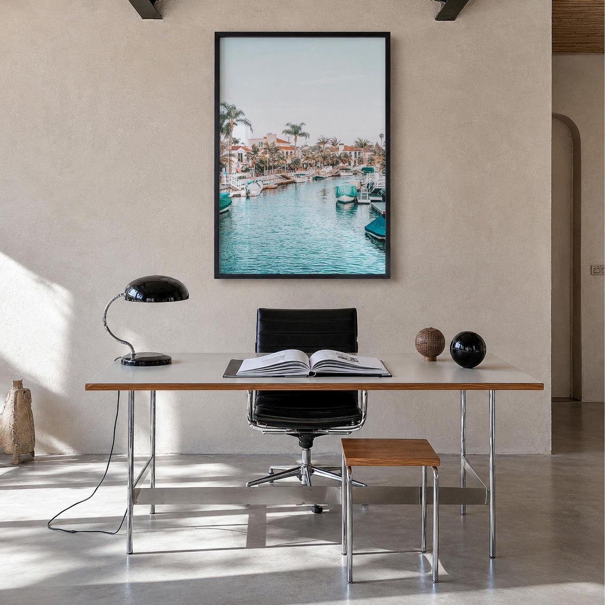 Long Beach no. 4 colorful photo poster of California, USA – vertical wall art in black wood frame, hanging on wall