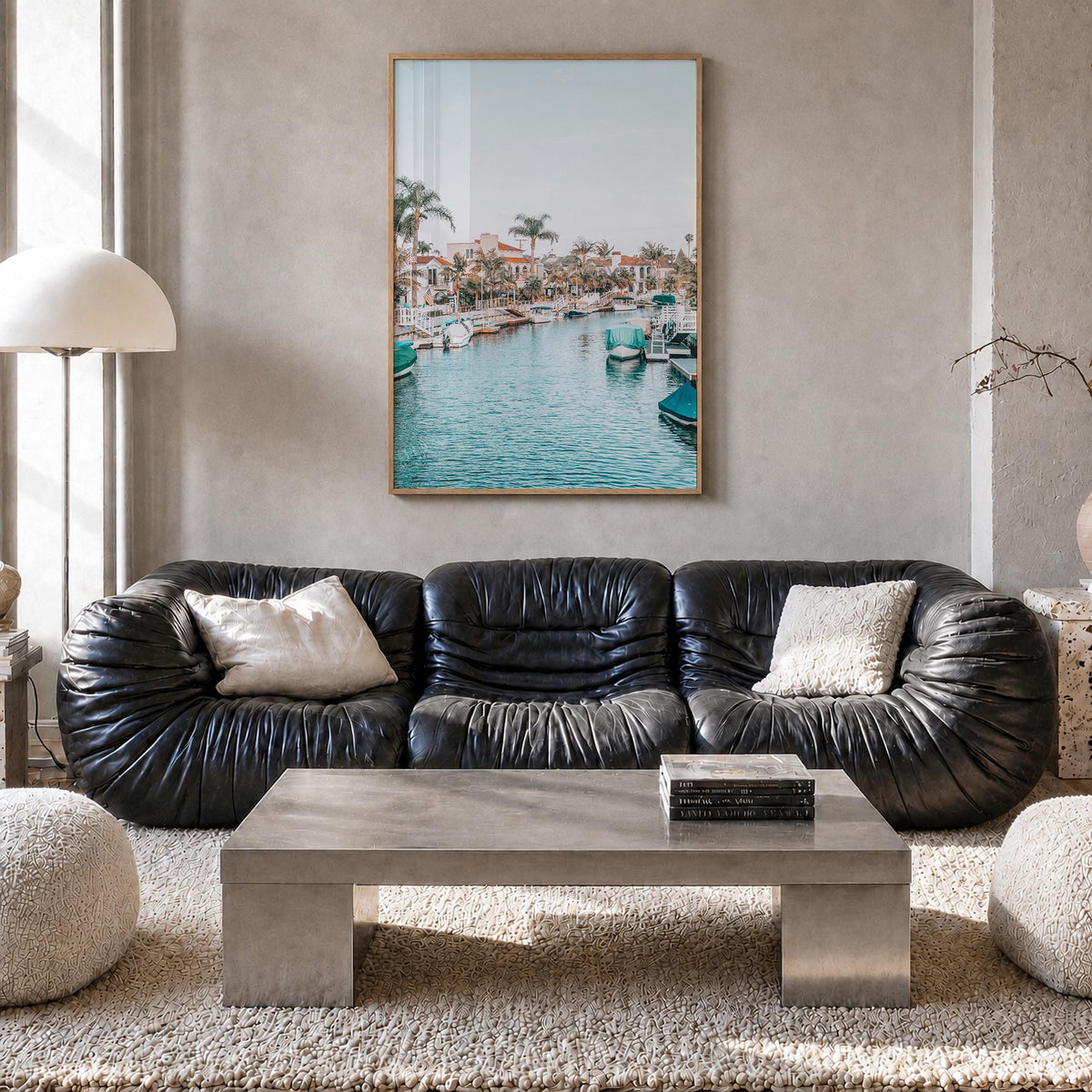 Long Beach no. 4 colorful photo poster of California, USA – vertical wall art in natural wood frame, hanging on wall