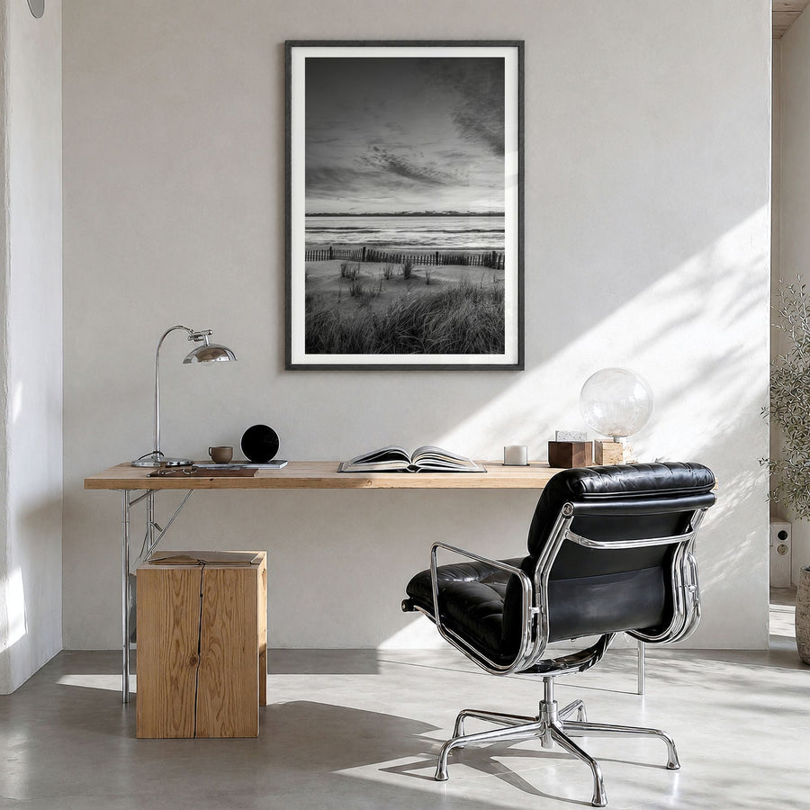 Long Beach Photo No 2 Poster in a black wood frame, hanging in a bright home office, white border