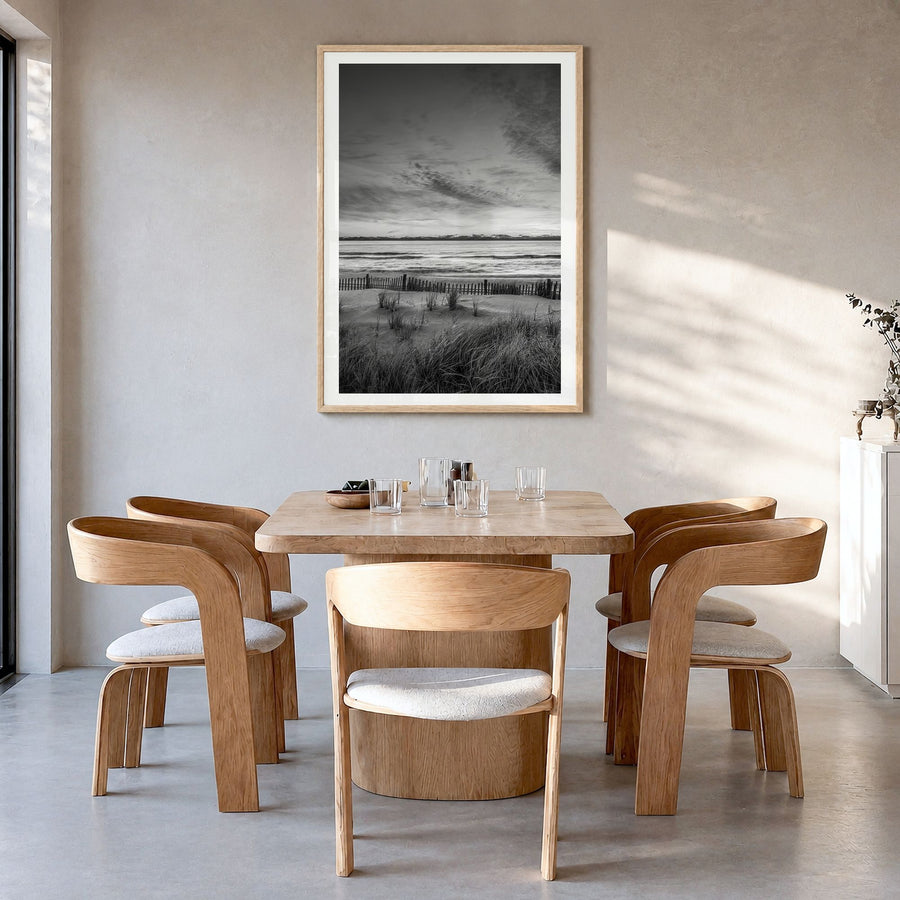Long Beach Photo No 2 Poster in a natural wood frame, hanging in a dining room, white border